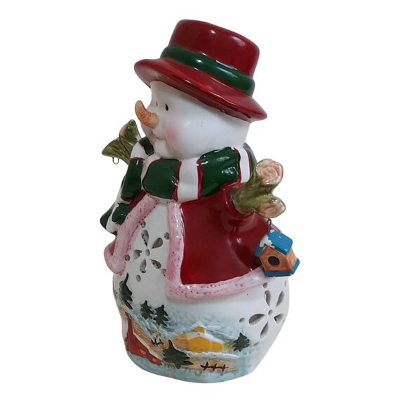 Snowman Tealight Candle Holder With Hat & Scarf Design Ceramic Decoration 9" Tal - Picture 2 of 8
